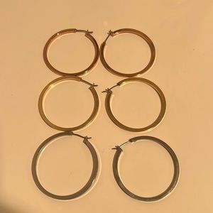 Gold, Silver and Bronze hoop earrings